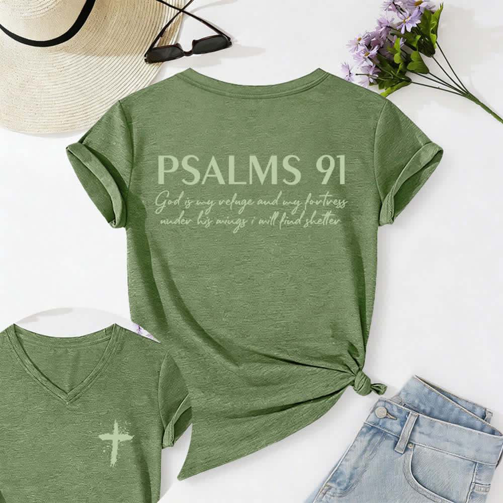 Christianartworkshop Psalm 91 Damen-T-Shirt mit V-Ausschnitt und geknotetem Saum und Kreuzmuster. - Grün - 2XL - image 10
