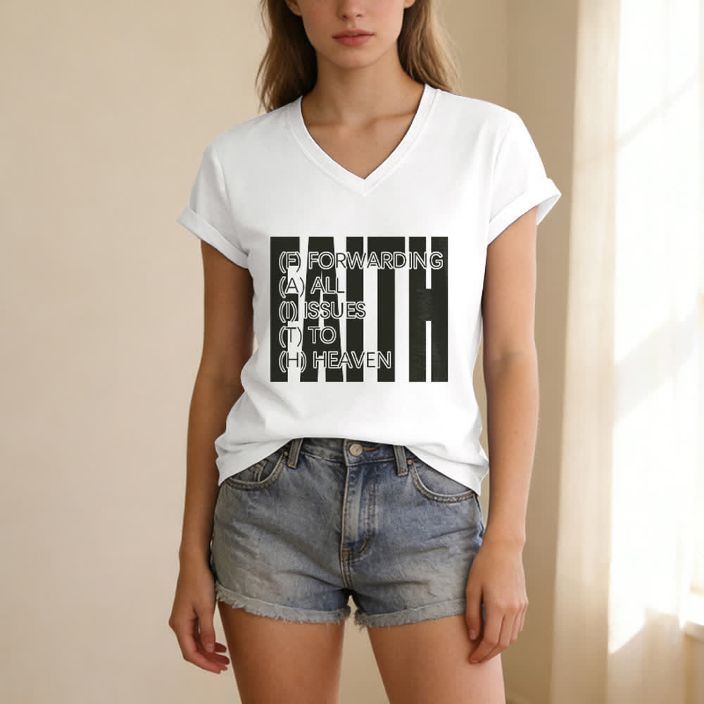 Christianartworkshop Damen-T-Shirt mit V-Ausschnitt und Blockdruck von Faith, hochgekrempelten Ärmeln und V-Ausschnitt - image 1