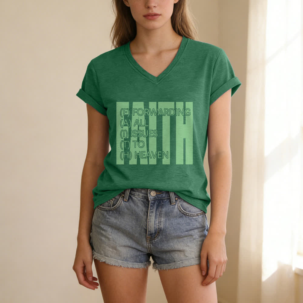 Christianartworkshop Damen-T-Shirt mit V-Ausschnitt und Blockdruck von Faith, hochgekrempelten Ärmeln und V-Ausschnitt - image 5