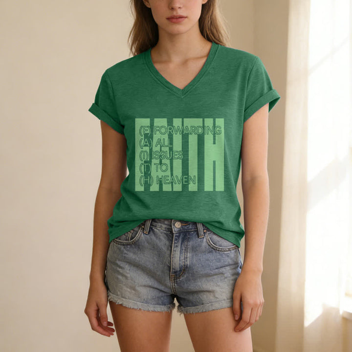 Christianartworkshop Damen-T-Shirt mit V-Ausschnitt und Blockdruck von Faith, hochgekrempelten Ärmeln und V-Ausschnitt - image 5