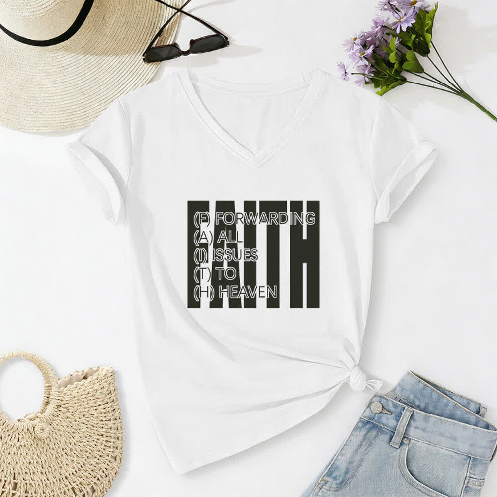 Christianartworkshop Damen-T-Shirt mit V-Ausschnitt und Blockdruck von Faith, hochgekrempelten Ärmeln und V-Ausschnitt - Weiß - 2XL - image 0
