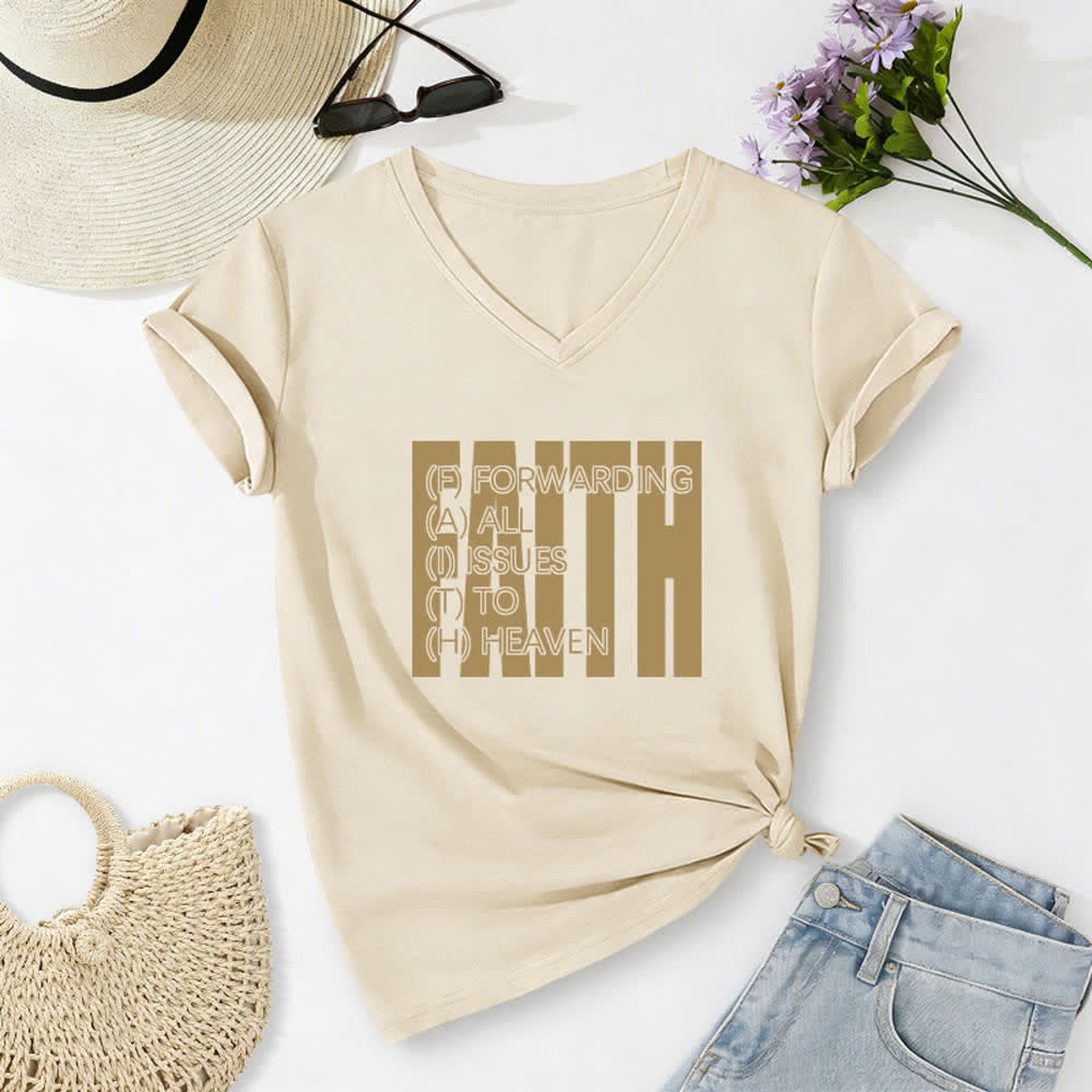 Christianartworkshop Damen-T-Shirt mit V-Ausschnitt und Blockdruck von Faith, hochgekrempelten Ärmeln und V-Ausschnitt - Beige - 2XL - image 24