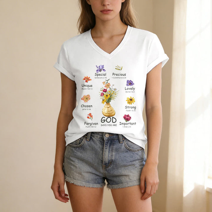 Christianartworkshop Gott sagt, du bist ein lässiges Damen-T-Shirt mit floralem Grafikprint und V-Ausschnitt - image 3