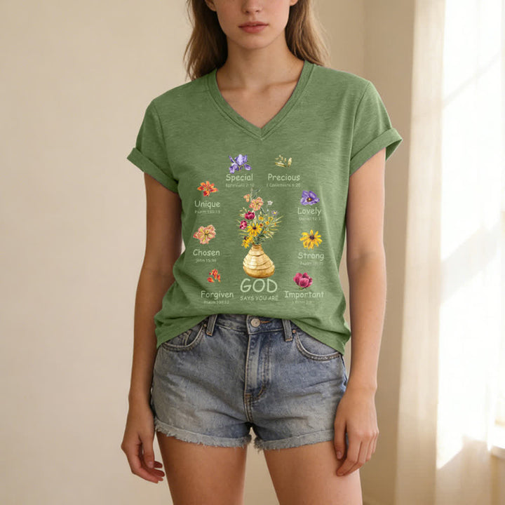 Christianartworkshop Gott sagt, du bist ein lässiges Damen-T-Shirt mit floralem Grafikprint und V-Ausschnitt - image 19