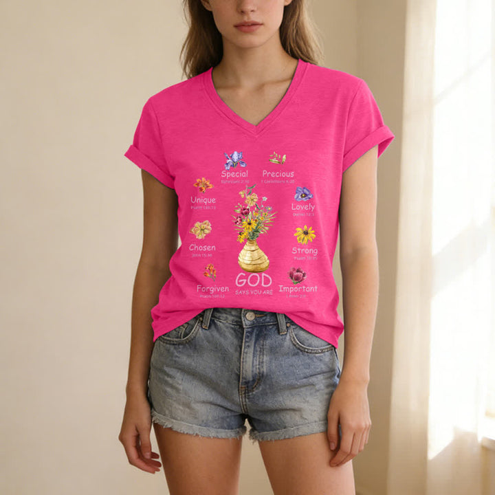Christianartworkshop Gott sagt, du bist ein lässiges Damen-T-Shirt mit floralem Grafikprint und V-Ausschnitt - image 21