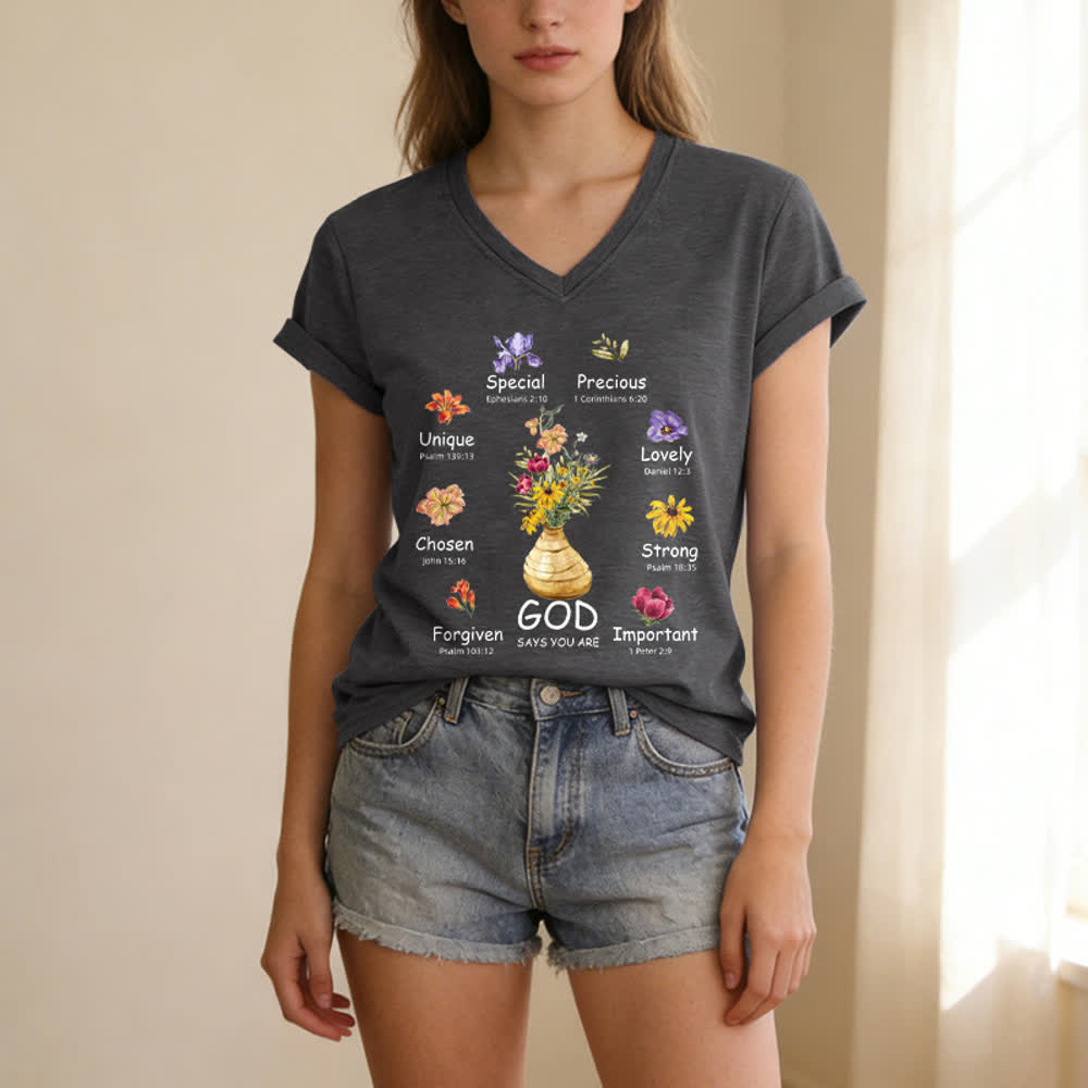 Christianartworkshop Gott sagt, du bist ein lässiges Damen-T-Shirt mit floralem Grafikprint und V-Ausschnitt - image 15