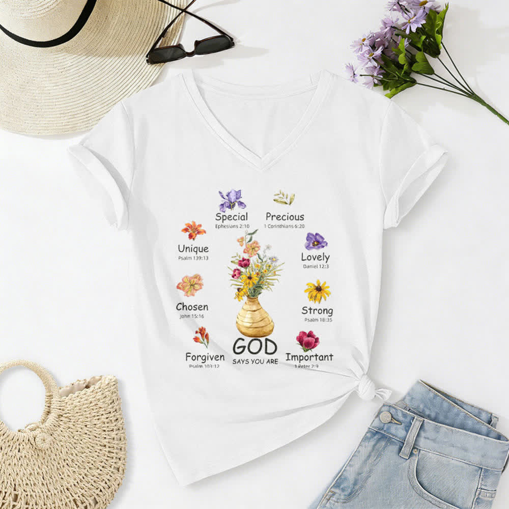 Christianartworkshop Gott sagt, du bist ein lässiges Damen-T-Shirt mit floralem Grafikprint und V-Ausschnitt - Weiß - 2XL - image 2