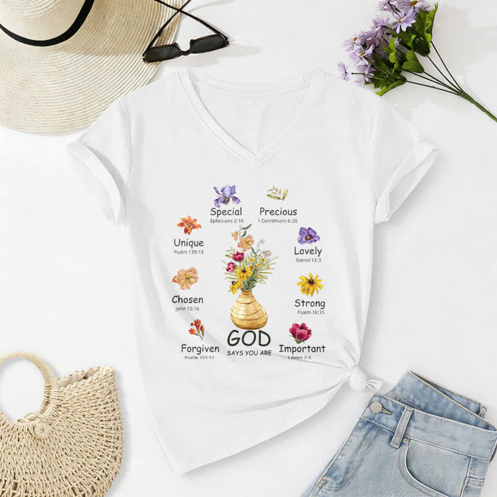 Christianartworkshop Gott sagt, du bist ein lässiges Damen-T-Shirt mit floralem Grafikprint und V-Ausschnitt - Weiß - 2XL - image 2