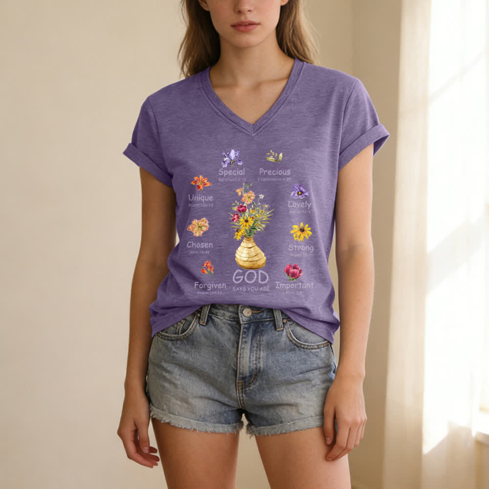 Christianartworkshop Gott sagt, du bist ein lässiges Damen-T-Shirt mit floralem Grafikprint und V-Ausschnitt - image 13