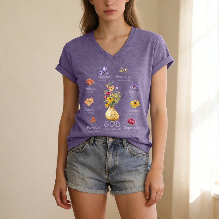 Christianartworkshop Gott sagt, du bist ein lässiges Damen-T-Shirt mit floralem Grafikprint und V-Ausschnitt - image 13