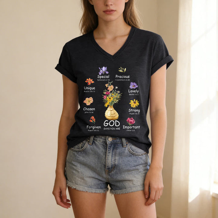 Christianartworkshop Gott sagt, du bist ein lässiges Damen-T-Shirt mit floralem Grafikprint und V-Ausschnitt - image 25