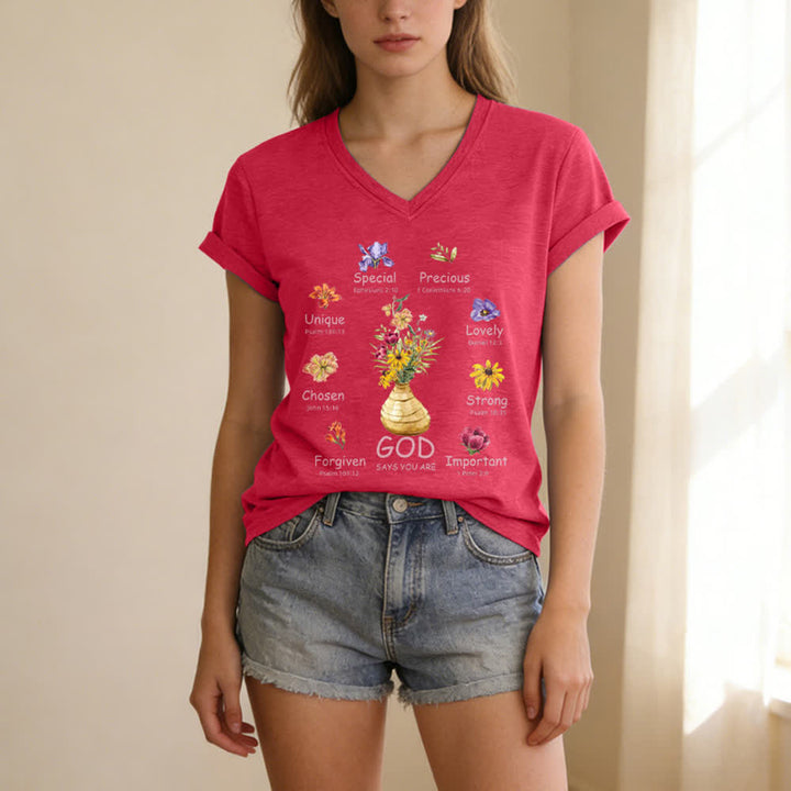 Christianartworkshop Gott sagt, du bist ein lässiges Damen-T-Shirt mit floralem Grafikprint und V-Ausschnitt - image 11