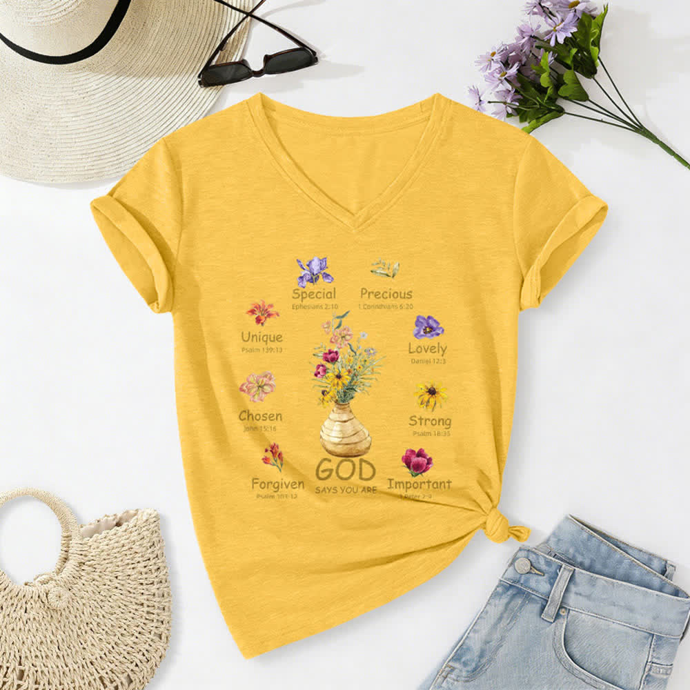 Christianartworkshop Gott sagt, du bist ein lässiges Damen-T-Shirt mit floralem Grafikprint und V-Ausschnitt - Gelb - 2XL - image 22