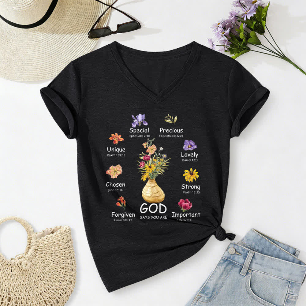 Christianartworkshop Gott sagt, du bist ein lässiges Damen-T-Shirt mit floralem Grafikprint und V-Ausschnitt - Schwarz - 2XL - image 24