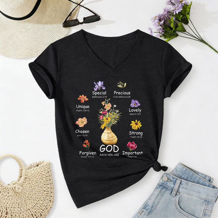 Christianartworkshop Gott sagt, du bist ein lässiges Damen-T-Shirt mit floralem Grafikprint und V-Ausschnitt - Schwarz - 2XL - image 24