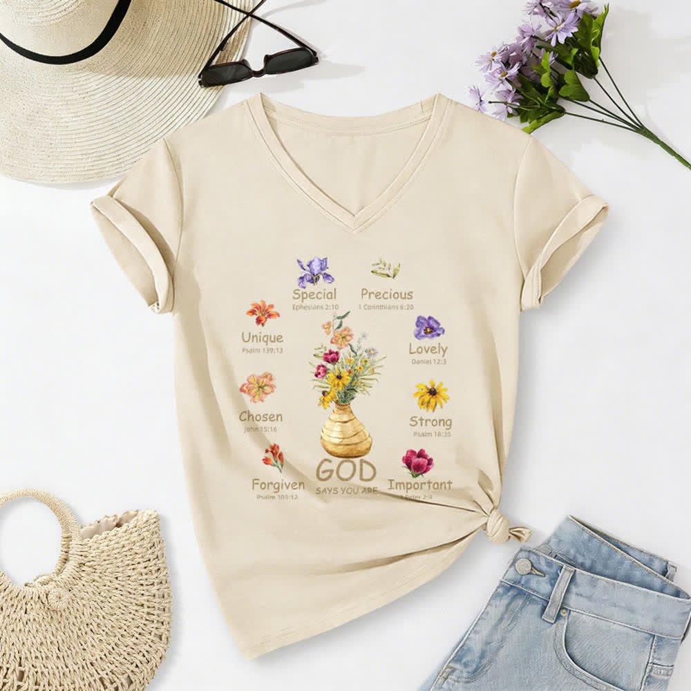 Christianartworkshop Gott sagt, du bist ein lässiges Damen-T-Shirt mit floralem Grafikprint und V-Ausschnitt - Beige - 2XL - image 6