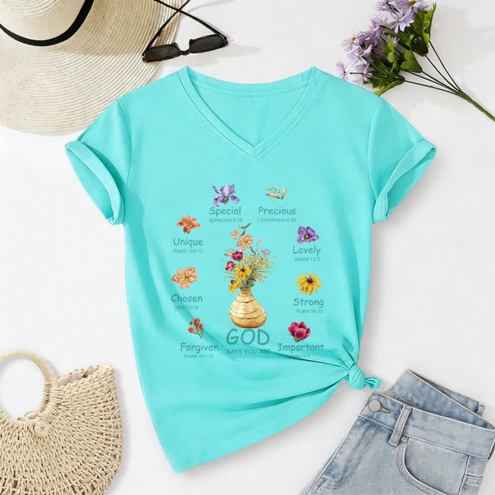 Christianartworkshop Gott sagt, du bist ein lässiges Damen-T-Shirt mit floralem Grafikprint und V-Ausschnitt - Blau - 2XL - image 4