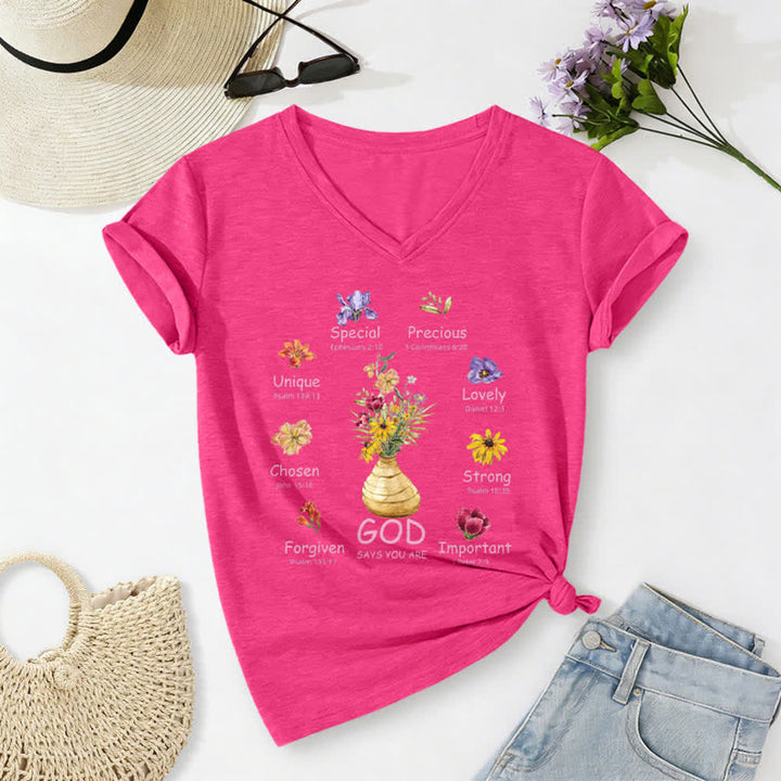 Christianartworkshop Gott sagt, du bist ein lässiges Damen-T-Shirt mit floralem Grafikprint und V-Ausschnitt - image 20