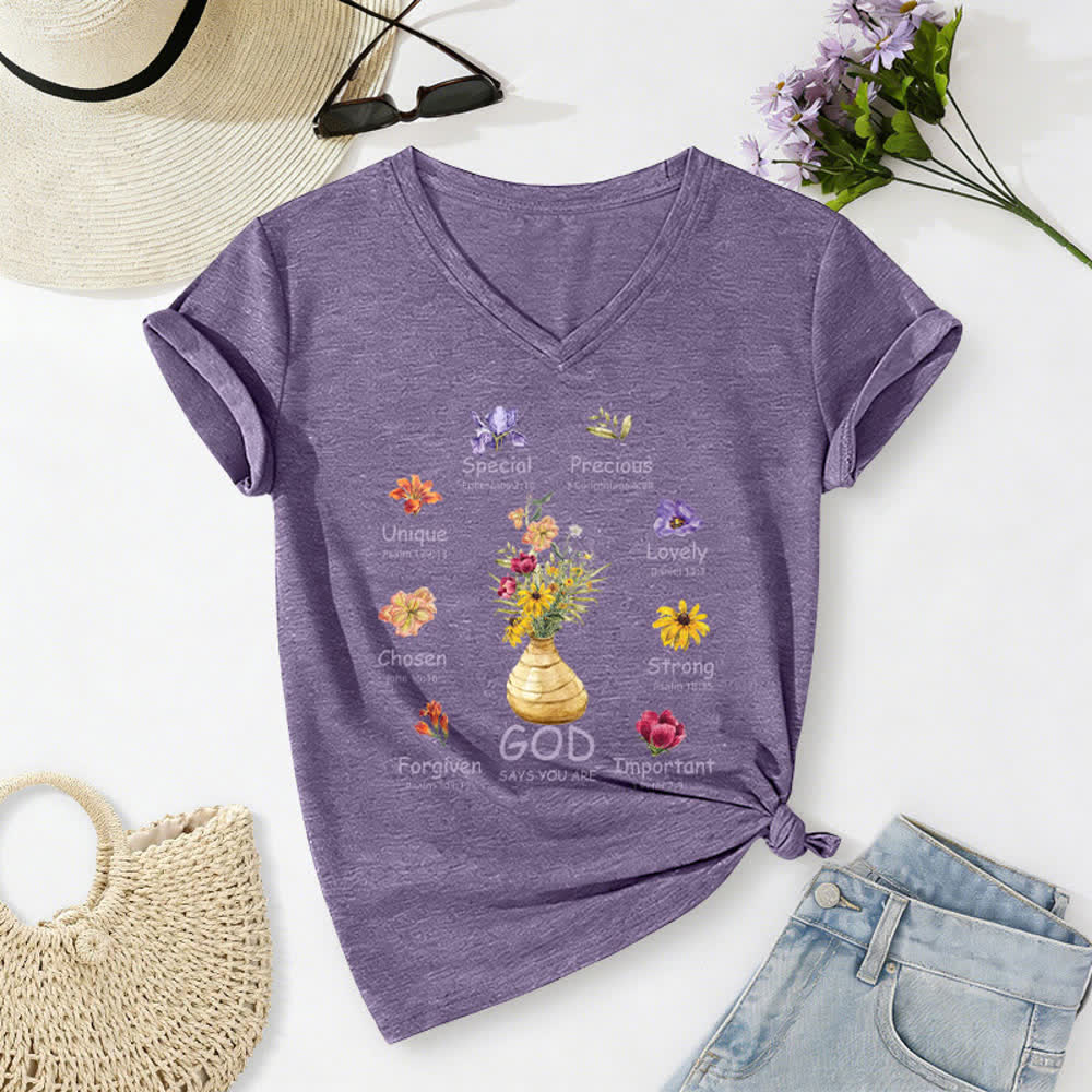 Christianartworkshop Gott sagt, du bist ein lässiges Damen-T-Shirt mit floralem Grafikprint und V-Ausschnitt - Lila - 2XL - image 12