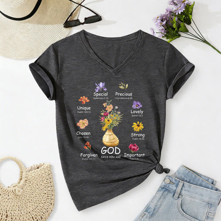 Christianartworkshop Gott sagt, du bist ein lässiges Damen-T-Shirt mit floralem Grafikprint und V-Ausschnitt - Dunkelgrau - 2XL - image 14