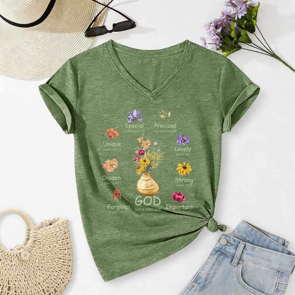 Christianartworkshop Gott sagt, du bist ein lässiges Damen-T-Shirt mit floralem Grafikprint und V-Ausschnitt - image 18