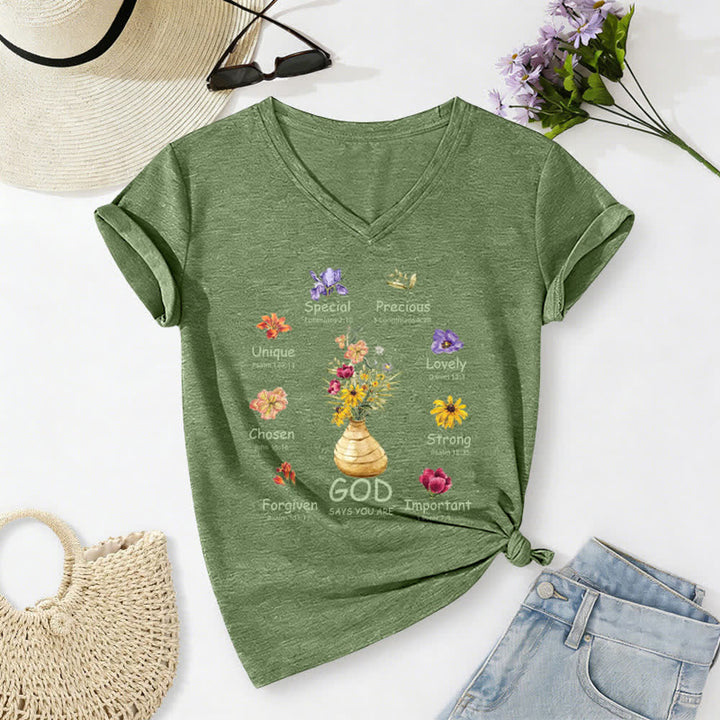 Christianartworkshop Gott sagt, du bist ein lässiges Damen-T-Shirt mit floralem Grafikprint und V-Ausschnitt - image 18