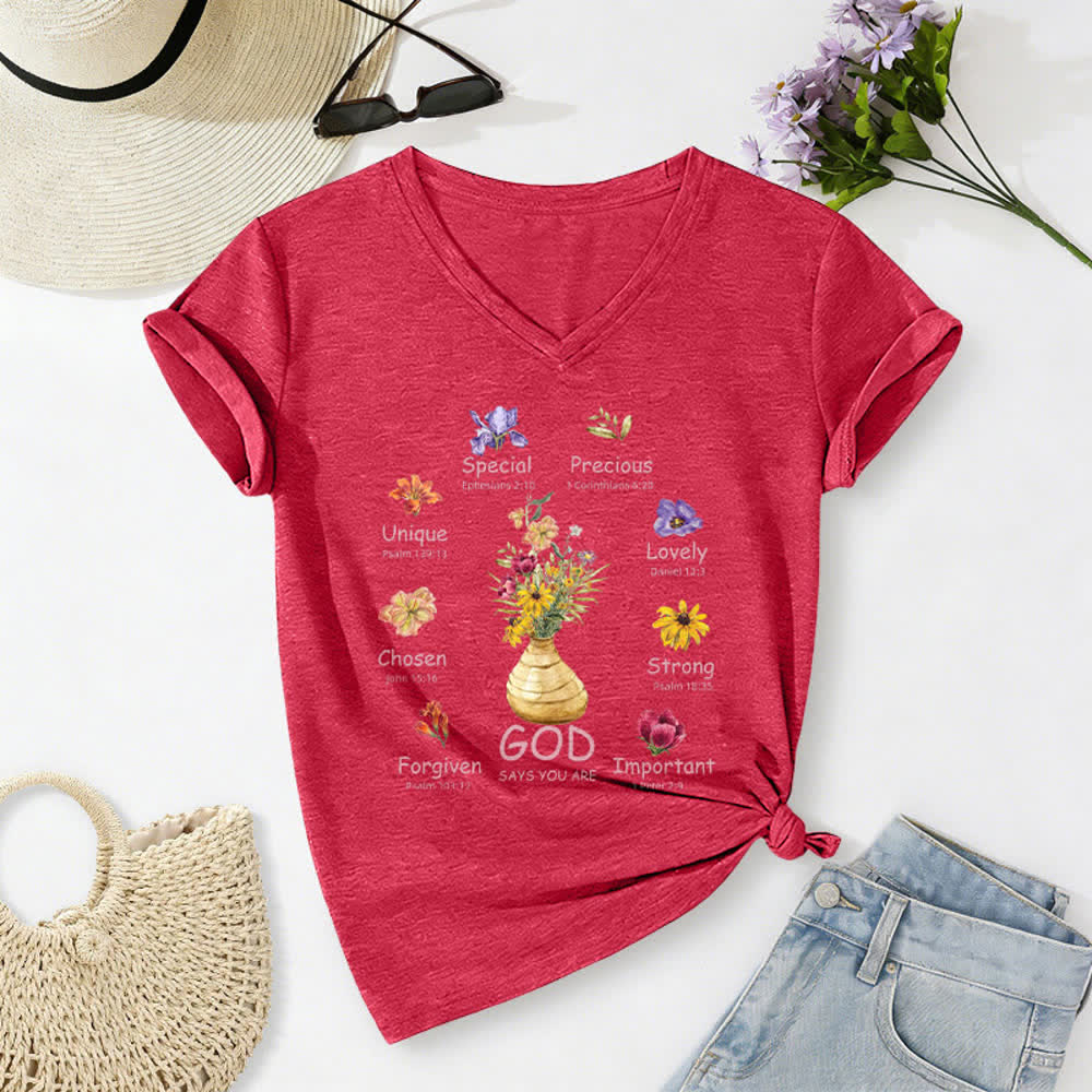 Christianartworkshop Gott sagt, du bist ein lässiges Damen-T-Shirt mit floralem Grafikprint und V-Ausschnitt - Rot - 2XL - image 10