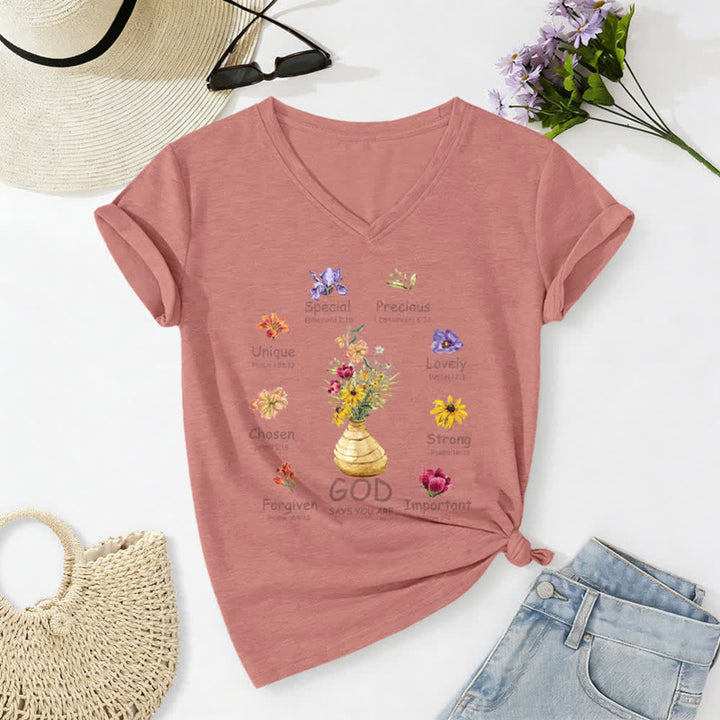 Christianartworkshop Gott sagt, du bist ein lässiges Damen-T-Shirt mit floralem Grafikprint und V-Ausschnitt - Rosa - 2XL - image 8