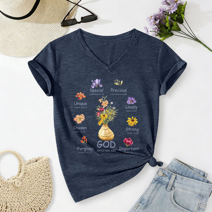 Christianartworkshop Gott sagt, du bist ein lässiges Damen-T-Shirt mit floralem Grafikprint und V-Ausschnitt - Marineblau - 2XL - image 0