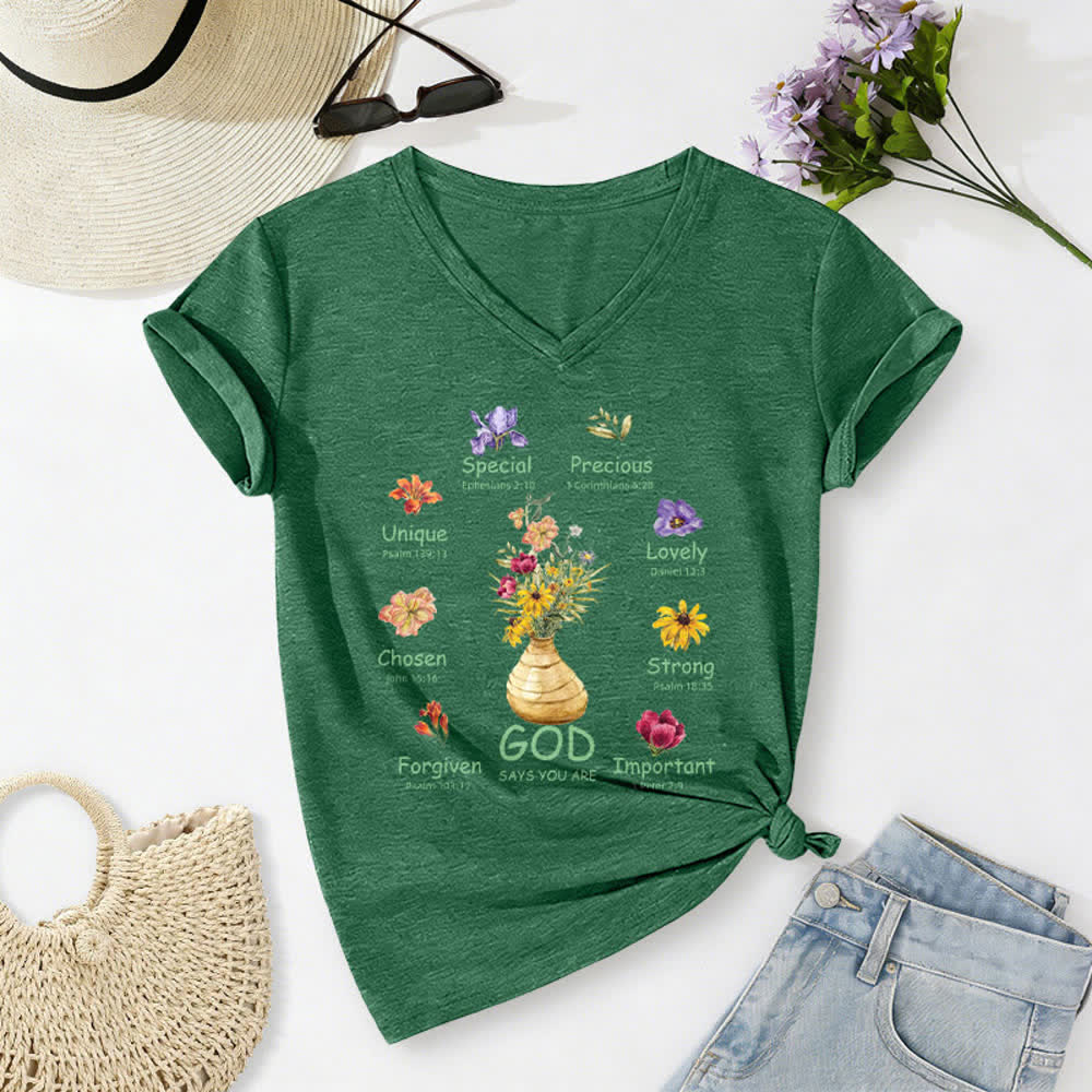Christianartworkshop Gott sagt, du bist ein lässiges Damen-T-Shirt mit floralem Grafikprint und V-Ausschnitt - Grün - 2XL - image 16