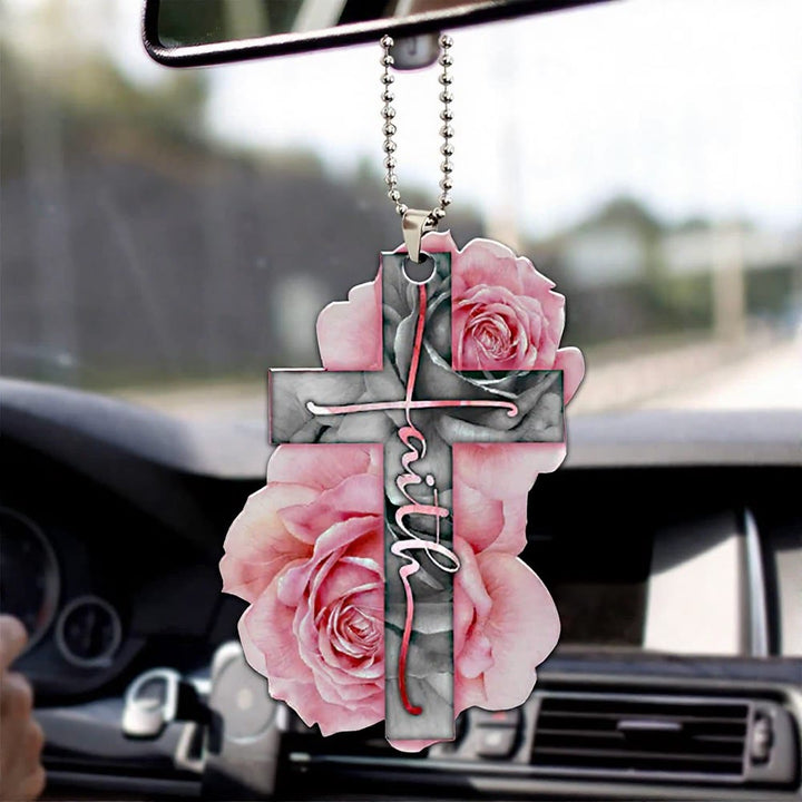Christianartworkshop Autoanhänger mit Blumenkreuz: Symbol für einen warmen, himmlischen Reisesegen - Rosa Rose - image 1