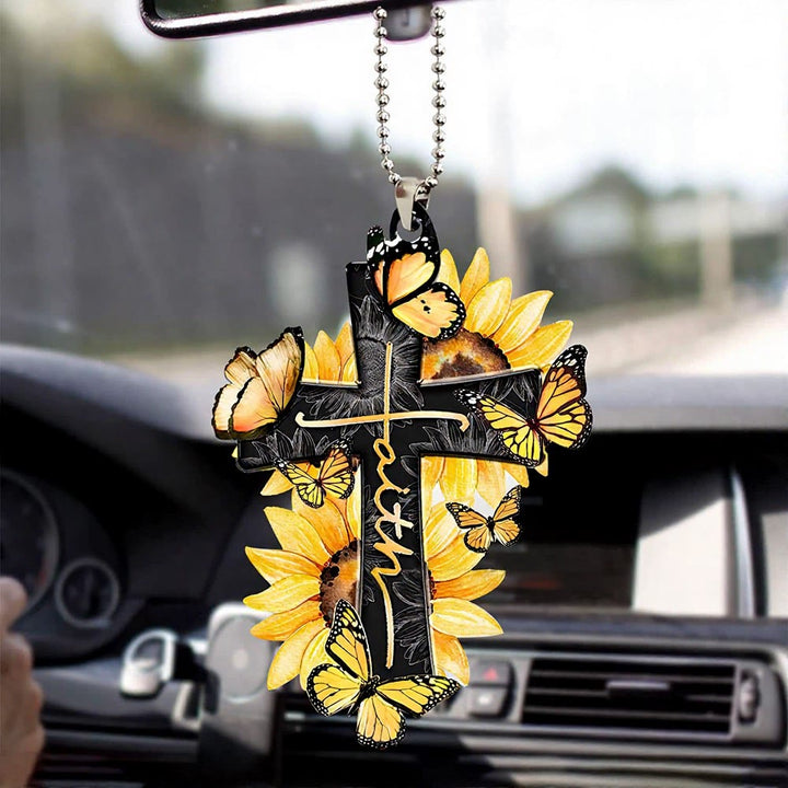Christianartworkshop Autoanhänger mit Blumenkreuz: Symbol für einen warmen, himmlischen Reisesegen - Sonnenblumen-Monarchfalter - image 2