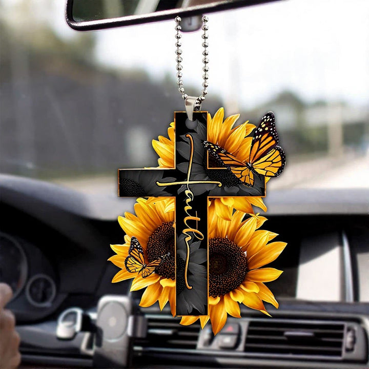 Christianartworkshop Autoanhänger mit Blumenkreuz: Symbol für einen warmen, himmlischen Reisesegen - Sonnenblumen-Doppelschmetterling - image 6