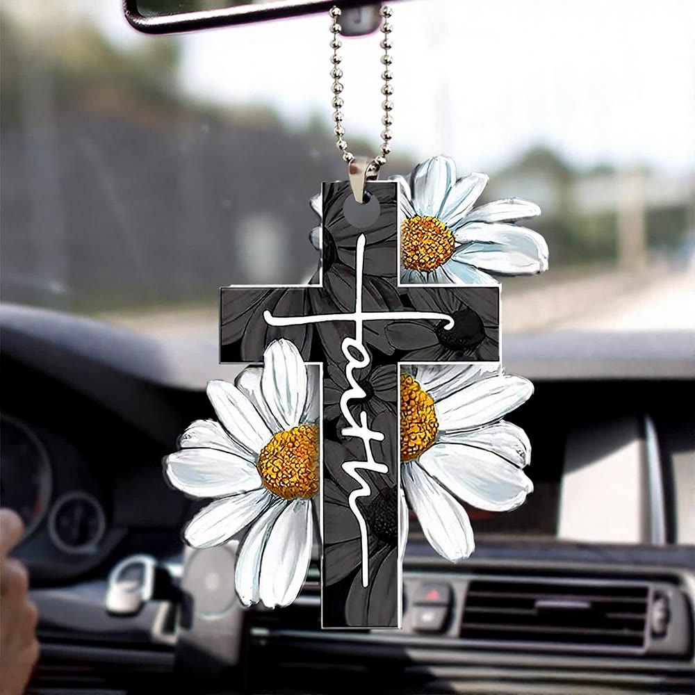 Christianartworkshop Autoanhänger mit Blumenkreuz: Symbol für einen warmen, himmlischen Reisesegen - Vintage-Ölgemälde Gänseblümchen - image 5
