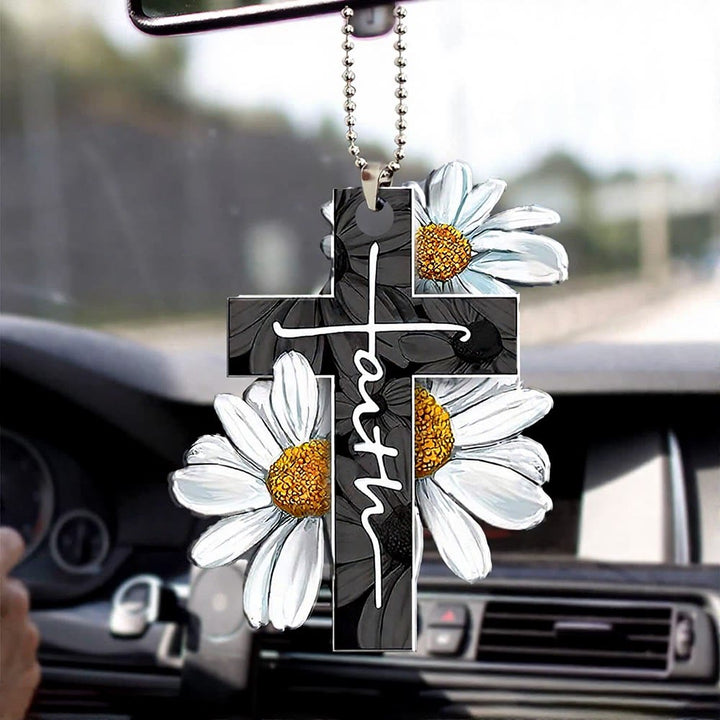 Christianartworkshop Autoanhänger mit Blumenkreuz: Symbol für einen warmen, himmlischen Reisesegen - Vintage-Ölgemälde Gänseblümchen - image 5