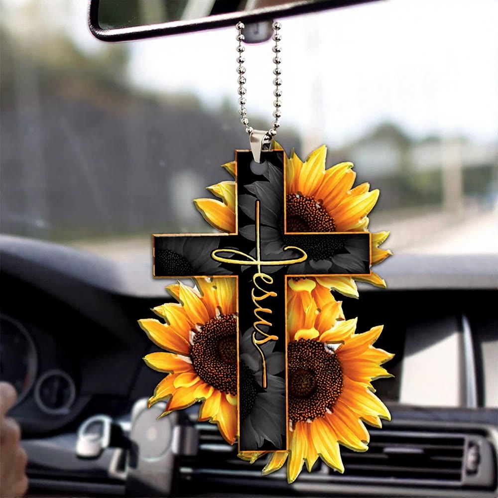 Christianartworkshop Autoanhänger mit Blumenkreuz: Symbol für einen warmen, himmlischen Reisesegen - Sonnenblumen-Jesus - image 0