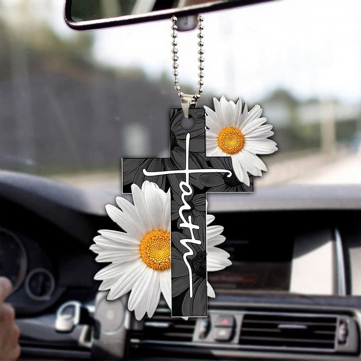 Christianartworkshop Autoanhänger mit Blumenkreuz: Symbol für einen warmen, himmlischen Reisesegen - Flat White Daisy - image 4