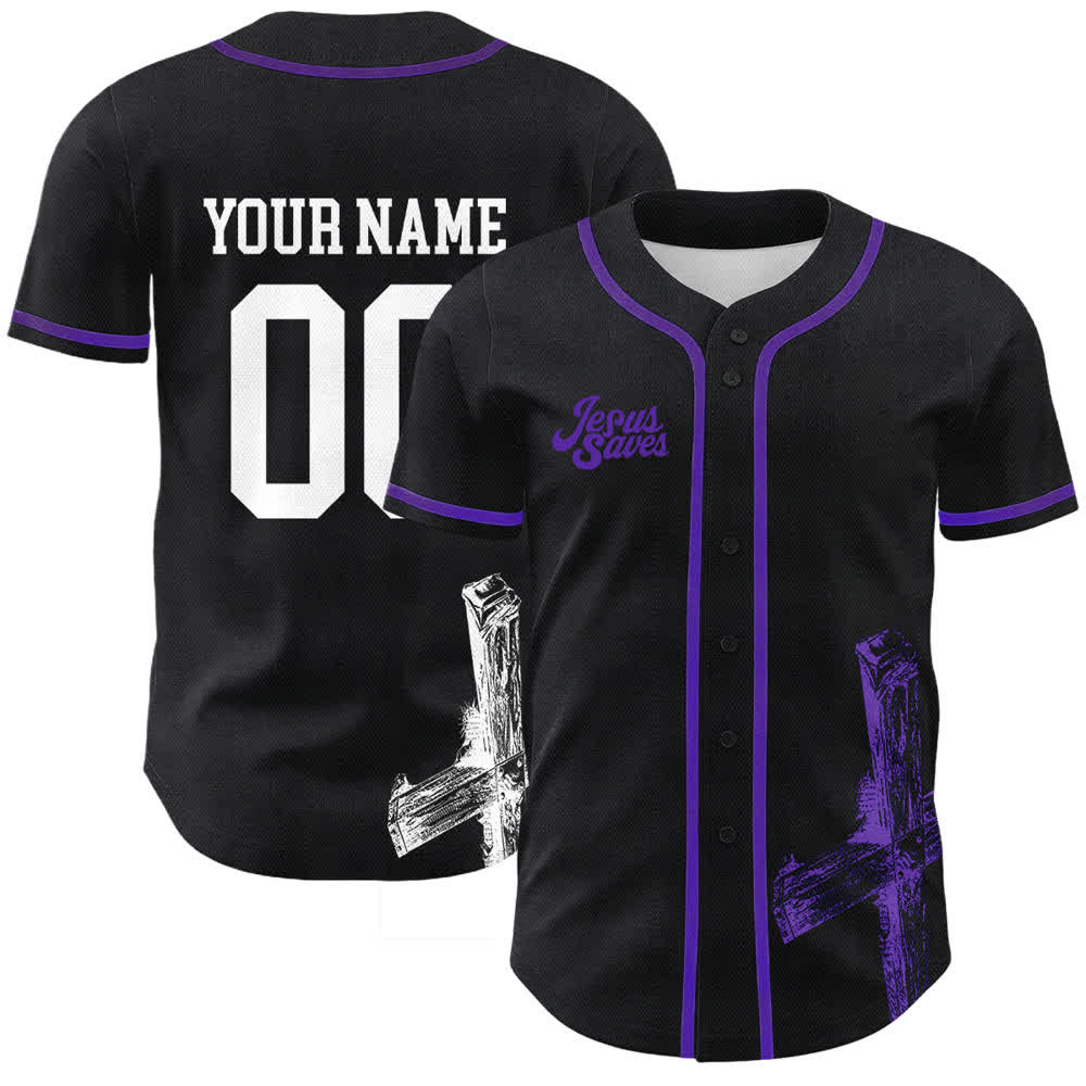 Christianartworkshop Jesus Saves Baseballtrikot mit individuellem Namen - Name und Nummer personalisiert - Lila - 5XL - image 9
