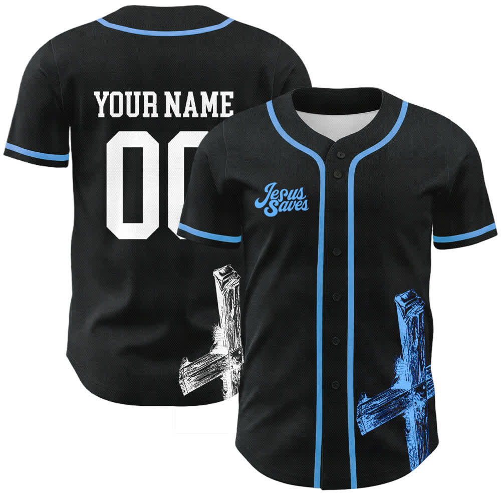 Christianartworkshop Jesus Saves Baseballtrikot mit individuellem Namen - Name und Nummer personalisiert - Himmelblau - 5XL - image 3