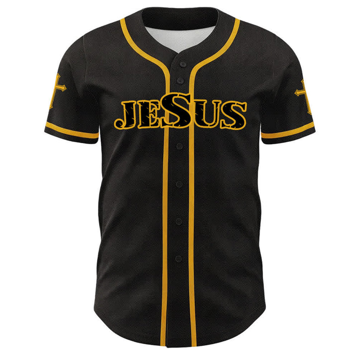 Christianartworkshop Baseballtrikot mit Jesus-Kreuz, schwarz-golden, geknöpft - image 2
