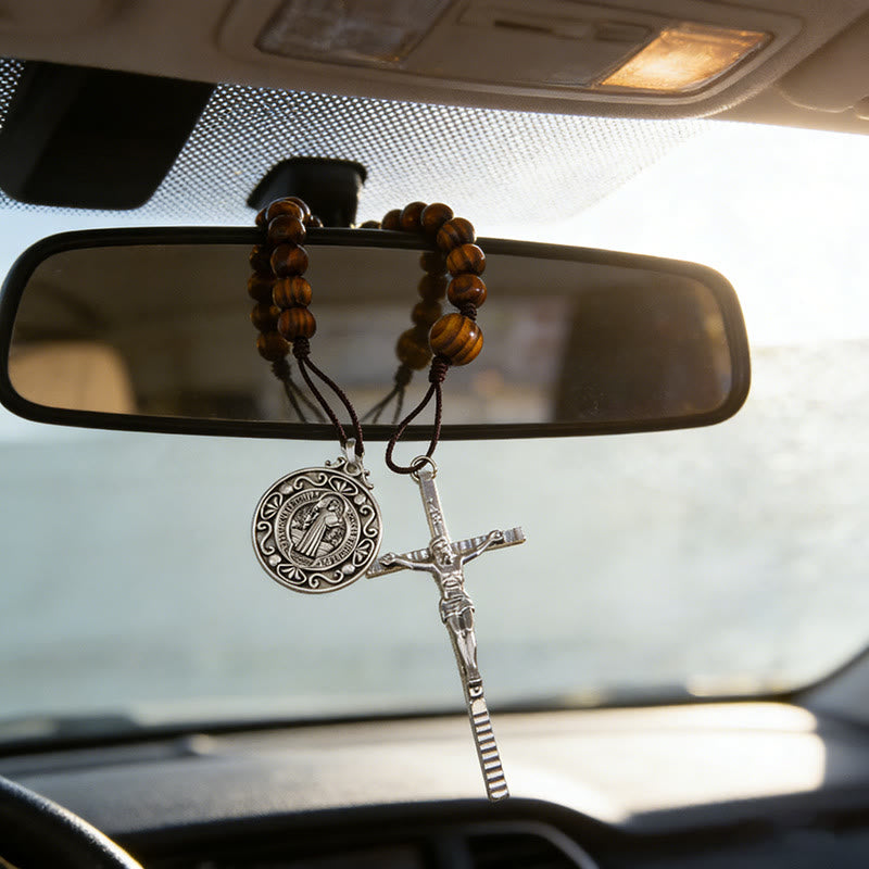 Christianartworkshop Vintage-Autoanhänger aus Holzperlen mit St.-Benedikt-Medaille und Kruzifix: Symbol für himmlischen Schutz am Wegesrand - image 0