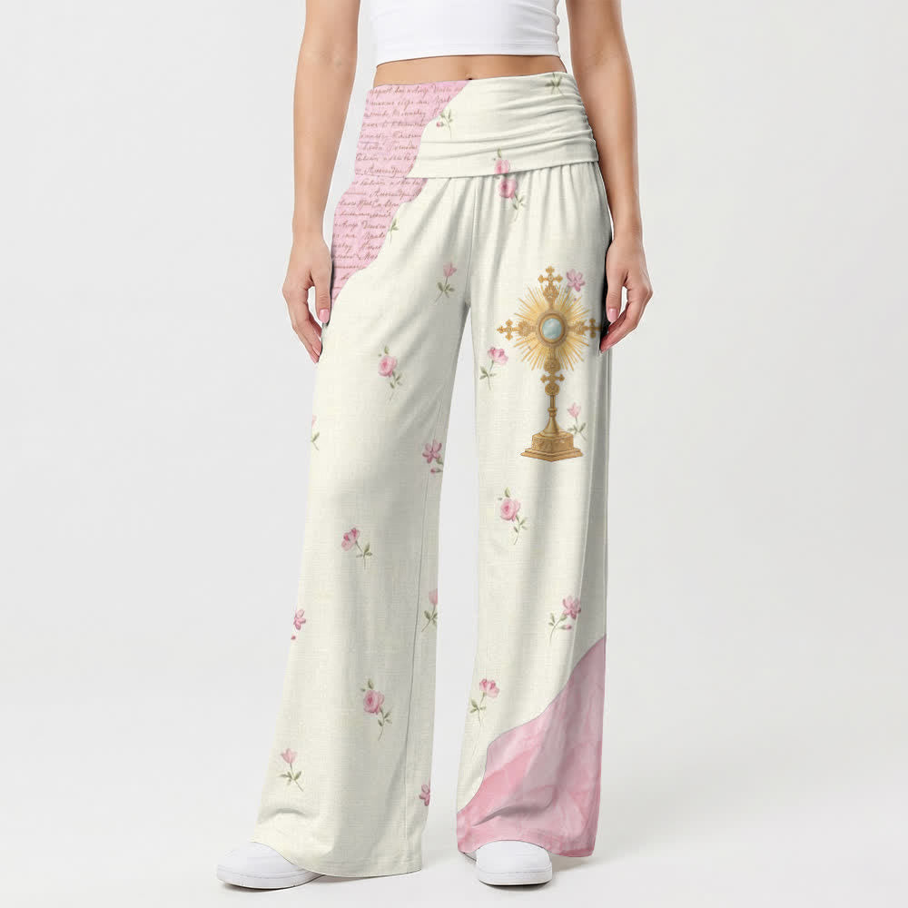 Christianartworkshop Rosafarbene Patchwork-Loungewear-Hose mit hohem Bund und weitem Bein für Damen, hochtailliert und mit weitem Bein. - image 1