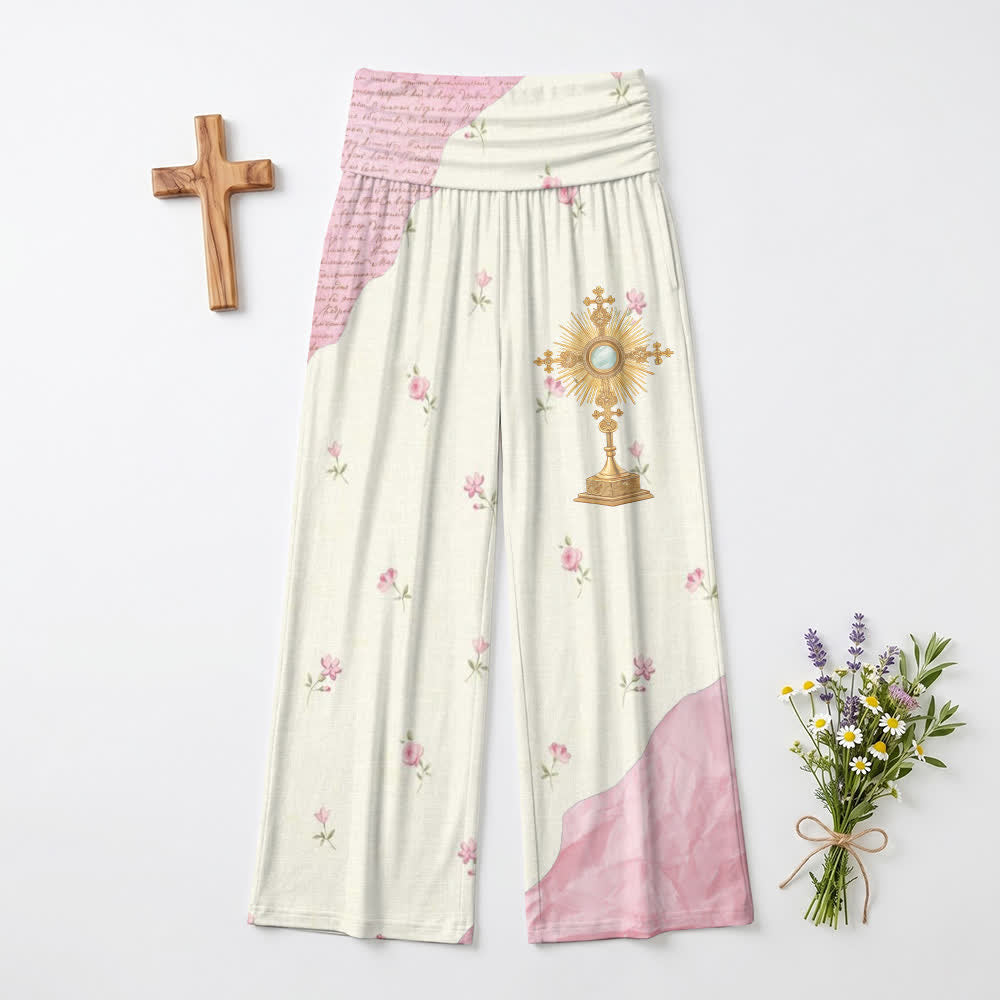 Christianartworkshop Rosafarbene Patchwork-Loungewear-Hose mit hohem Bund und weitem Bein für Damen, hochtailliert und mit weitem Bein. - US22, UK/AU26, EU54 - image 0