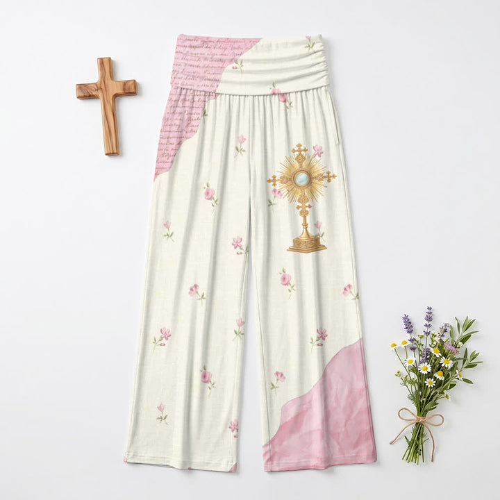 Christianartworkshop Rosafarbene Patchwork-Loungewear-Hose mit hohem Bund und weitem Bein für Damen, hochtailliert und mit weitem Bein. - US22, UK/AU26, EU54 - image 0