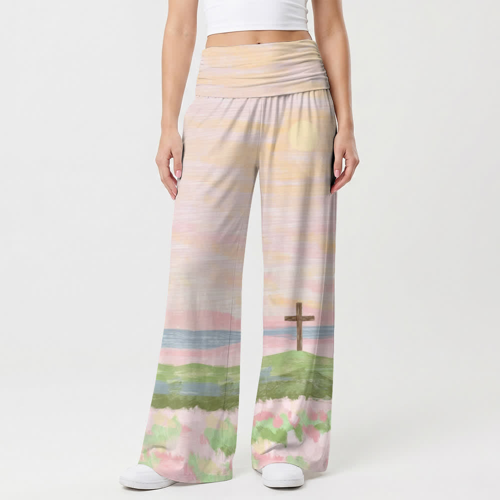 Christianartworkshop Loungehose mit weitem Bein und Aquarell-Kreuz-Landschaftsmuster für Damen - image 1