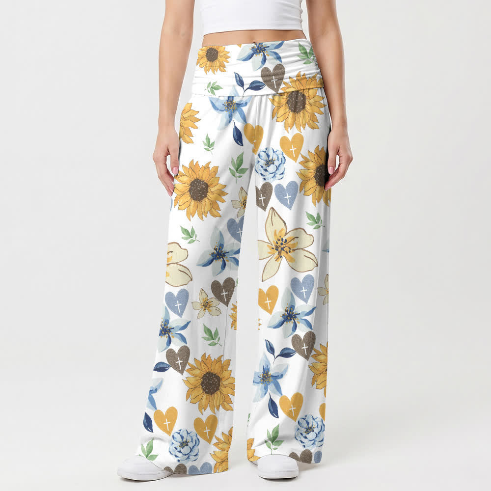 Christianartworkshop Loungewear-Hose mit weitem Bein und Sonnenblumenherzmuster - image 1