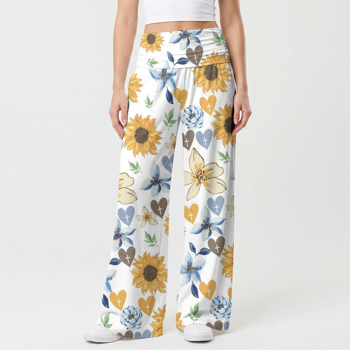 Christianartworkshop Loungewear-Hose mit weitem Bein und Sonnenblumenherzmuster - image 1