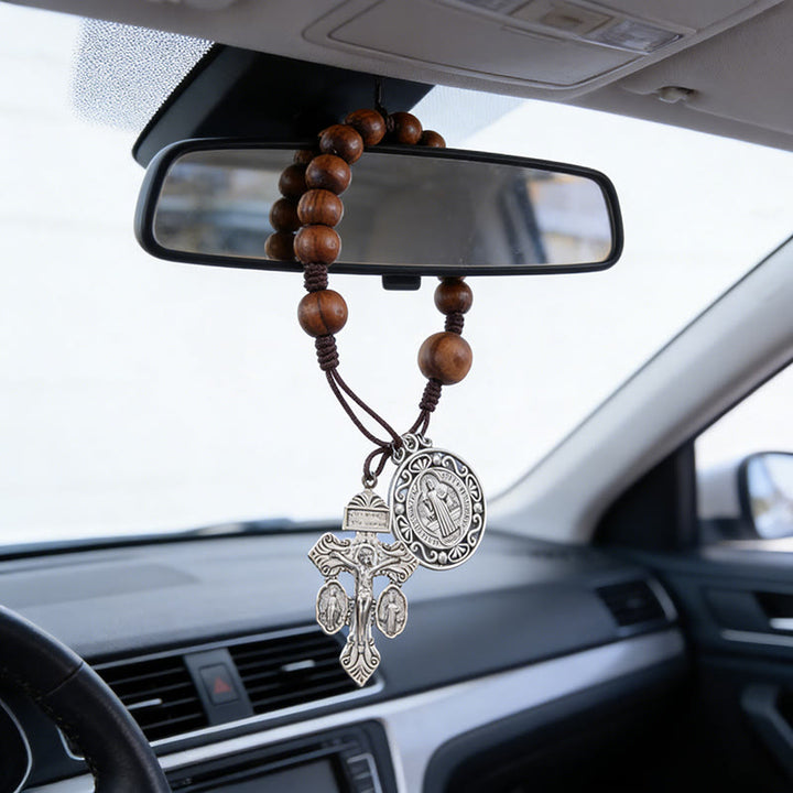 Christianartworkshop Antike silberne Rosenkranz-Autoanhänger aus Holz mit heiliger Medaille: Symbol für sanftes Reisen und göttliche Gnade - Dunkler Kaffee - image 0