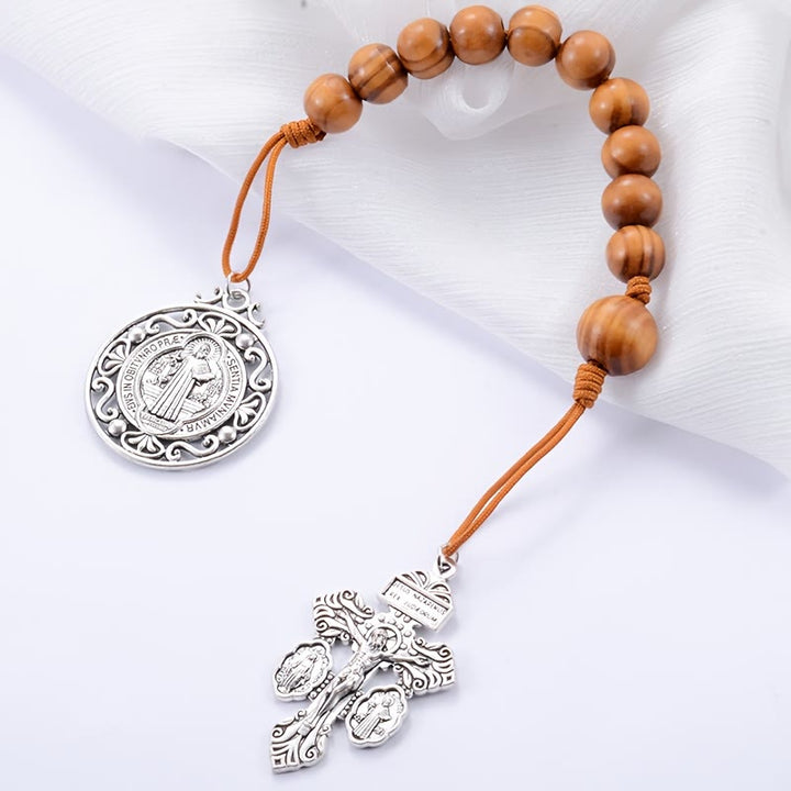 Christianartworkshop Antike silberne Rosenkranz-Autoanhänger aus Holz mit heiliger Medaille: Symbol für sanftes Reisen und göttliche Gnade - image 4