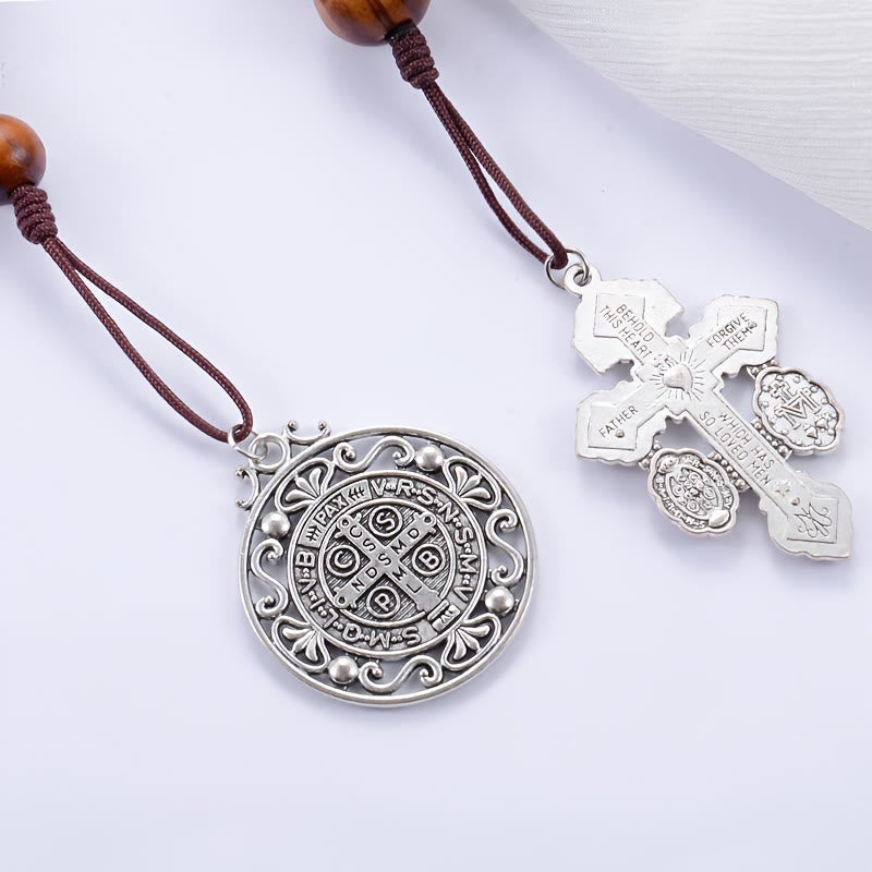 Christianartworkshop Antike silberne Rosenkranz-Autoanhänger aus Holz mit heiliger Medaille: Symbol für sanftes Reisen und göttliche Gnade - image 7